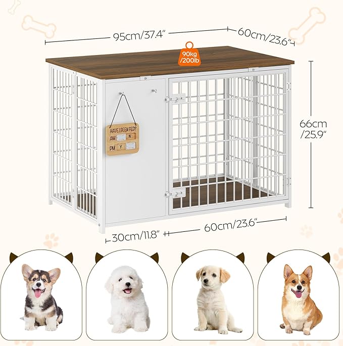 Foldable Dog Crate Furniture, Dog Crate with DIY Frame, Heavy Duty Dog Kennel Indoor with Hooks, Wooden Dog Cage End Table, for Small/Medium Dogs, White and Walnut DC95WH