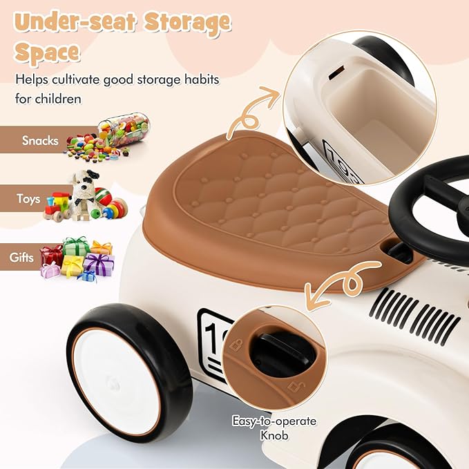 HONEY JOY Ride On Push Car, Outdoor Toddler Riding Toys w/Steering Wheel, Horn & Storage, Foot-to-Floor Sliding Car, No Batteries, Retro Baby Ride On Toys for Boys and Girls (White)