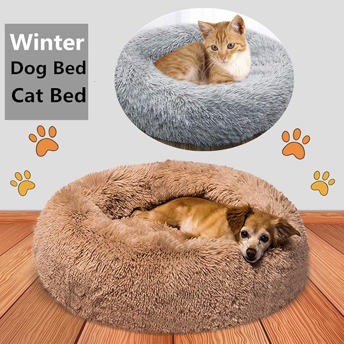 huraty Plush Dog Bed Pet Calming Fur Bed, Fluffy Donut Round Cat Beds, Anti-Slip & Anti-Anxiety, 16 Inch for Puppy and Kitties, White, XS