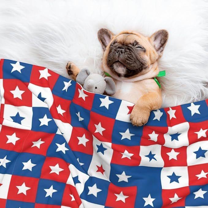 Reversible Dog Blanket for Beds Couches, American Flag Plaid Pattern, Double Sided Cat Blanket with Textured Dot Feel and Smooth Feel for Seasonal Comfort All Year