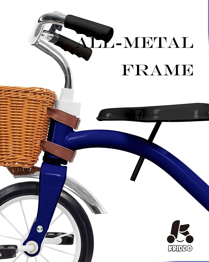 KRIDDO Classic All Metal Toddler Trike, Gift for Boys and Girls Ages 2 to 4 Year Old, Tricycle for 1 to 3 Year Olds, Sturdy Rear Deck, Deluxe Steer and Ergonomics Grip, Indoor and Outdoor, Blue