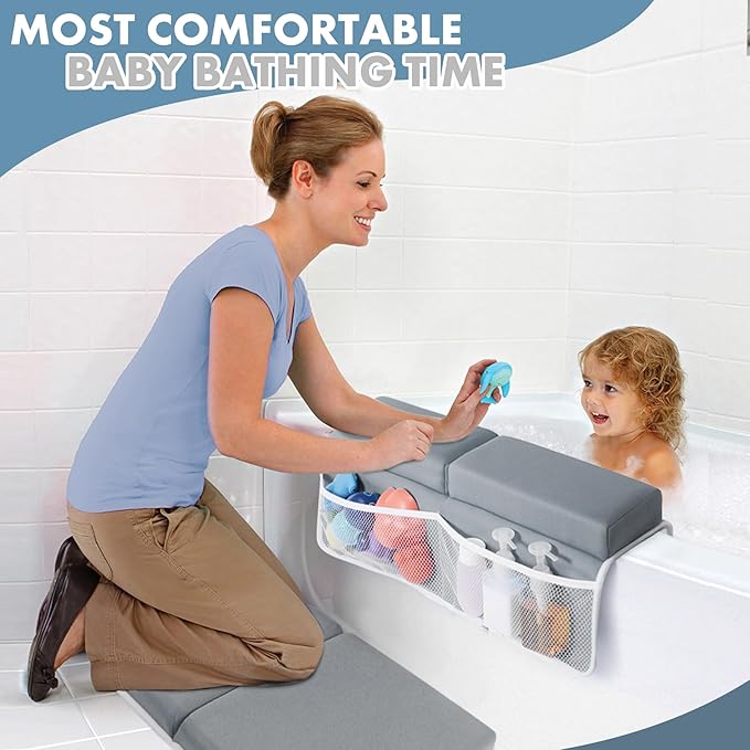 beiens Bath Kneeler and Elbow Rest Pad Set - 1.5'' Comfortable Thick Baby Bath Kneeler Pads, Quick Dry Soft Kneeling Pad for Baby Bath Time, Non-Slip Knee& Arm Support Bathtub Mat with Toys Organizer