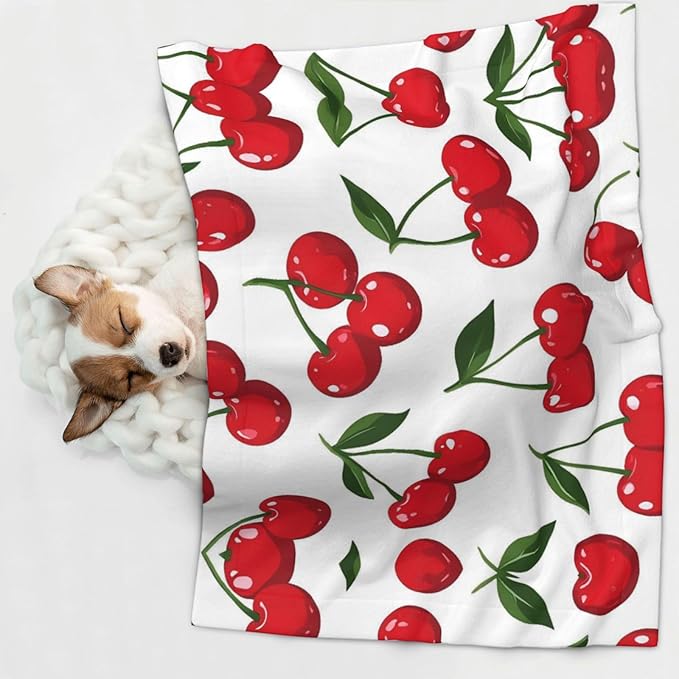 Cherry Print Soft Plush Pet Blanket, Washable Dog Blanket, Cat Fleece Throw, Puppy Bed Crate Mat & Sofa Couch Protector - Large