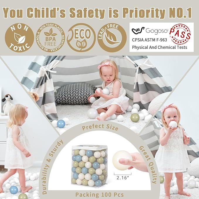 GOGOSO Ball Pit Balls - 2.15inch Plasticsball for Kids Toddlers Birthday Gifts, Summer Vibrant Colors Visual Stimulation Xmas Decor, Creamy Green+Creamy Blue+ Soft White