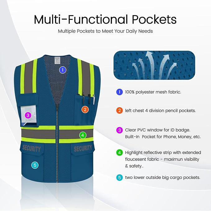 Security Vest for Security Guard, Hi Vis Mesh Vest with Pockets, High Visibility Safety Vest with Reflective Strips, ANSI Compliant, Blue, M