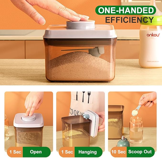 Ankou One-Push Formula Container, 2300ml Formula Dispenser with Scoop and Scraper, Milk Powder Container with Lids, BPA-Free Airtight Food Storage Container 1000g Large Capacity,Dark Brown, Rectangle