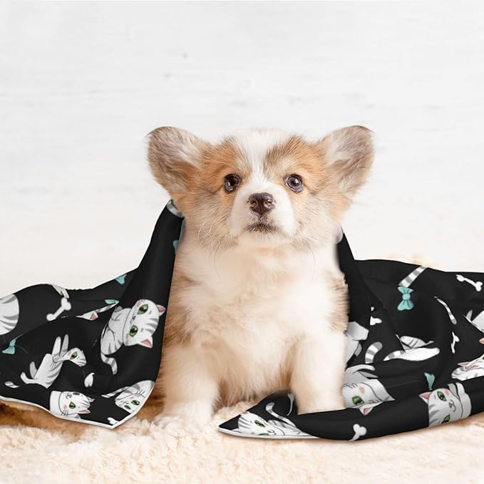 Double Sided Pet Throw for Dogs Who Shed, White Cute Cats, Reversible Blanket with Nubby Dot Side Catches Loose Fur for Easier Furniture Cleanup