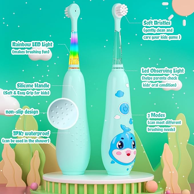 SEAGO Kids Electric Toothbrushes Rechargeable, Toddler Electric Toothbrush with Magnetic Charging, LED Observing Light, 8 Toothbrush Heads for Ages 2-4 -6 Boys Girls (Blue)