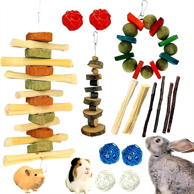 Rabbit Chew Toys,Natural Chew Treats Sticks and Balls for Bunny Chinchilla Guinea Pig Hamster,Bunny Chew Toys for Teeth