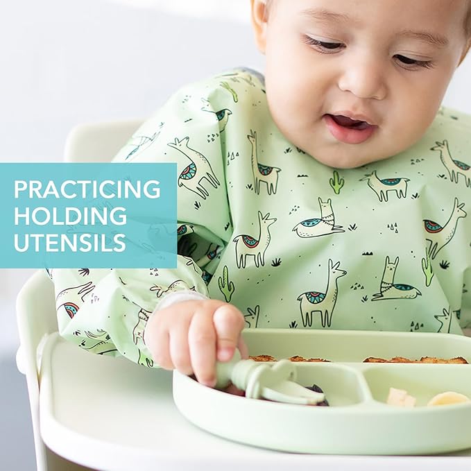 Bumkins Baby Utensils Set, Chewtensils Silicone Spoons for Dipping, Self-Feeding, Baby Led Weaning, Trainer Learning, First Stage Eating, Soft Practice Fork and Spoon, Babies 6 Months, Sage Green
