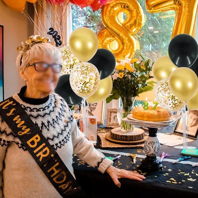 TONIFUL 6 Set Balloon Centerpieces for Table Black Gold Confetti Balloon Stand Kit for 2025 Graduation Party Decoration Birthday Anniversary Halloween 2025 Party Decorations