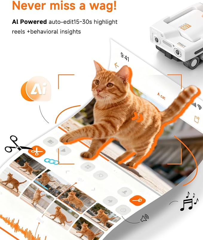 PMATE Self-Moving Pets Camera AI-Powered Rover with Auto Tracking & Patrol, 2K Live View, Night Vision, 2-Way Talk, and Auto-Recharge (A3-White)
