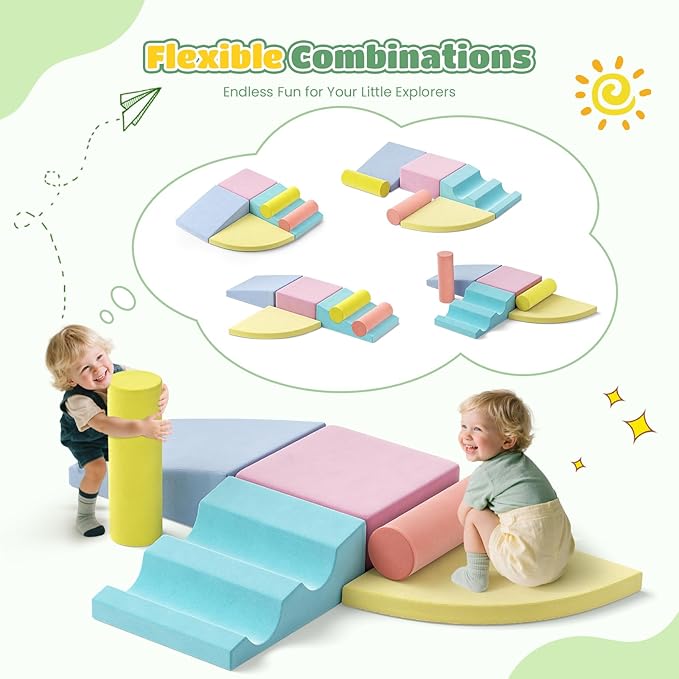 Lischwert Foam Climbing Blocks for Toddlers 1-3, 6pcs Soft Play Set with Crawling Exploration Toys, Indoor Outdoor Infant Safe Blocks for Baby Gym Toddler Playground