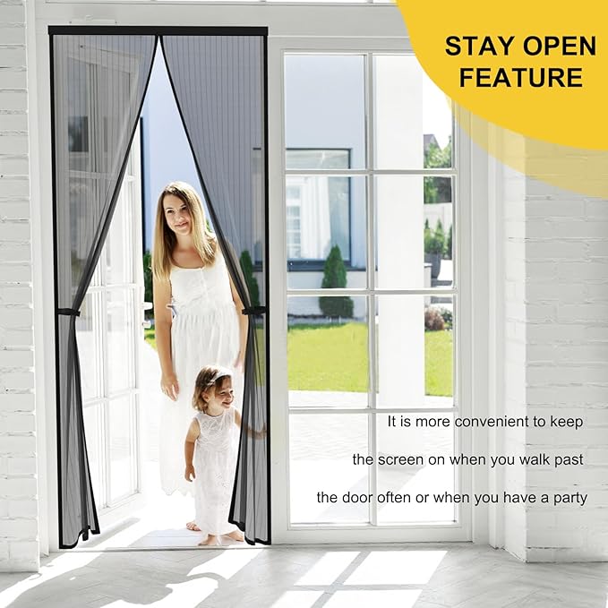 Magnetic Screen Door -Fit for Door Size:32x80 Inch, Hands Free Mesh Partition, Heavy Duty Screen Door Mesh Curtain Keeps Bugs Out, Frame Hook & Loop, Pet and Kid Friendly, Itself Size 34x82