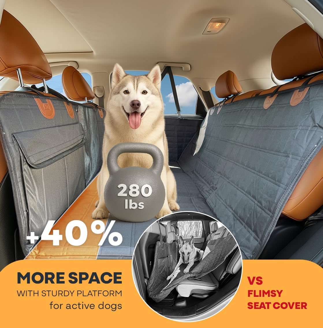 APetsPlanet Dog Car Seat Cover for Back Seat Hard Bottom - Waterproof Backseat Extender for Dogs - Pet Hammock for Car, Truck, SUV - Protector Bed with Mesh Window & Storage - Black, with Door Covers