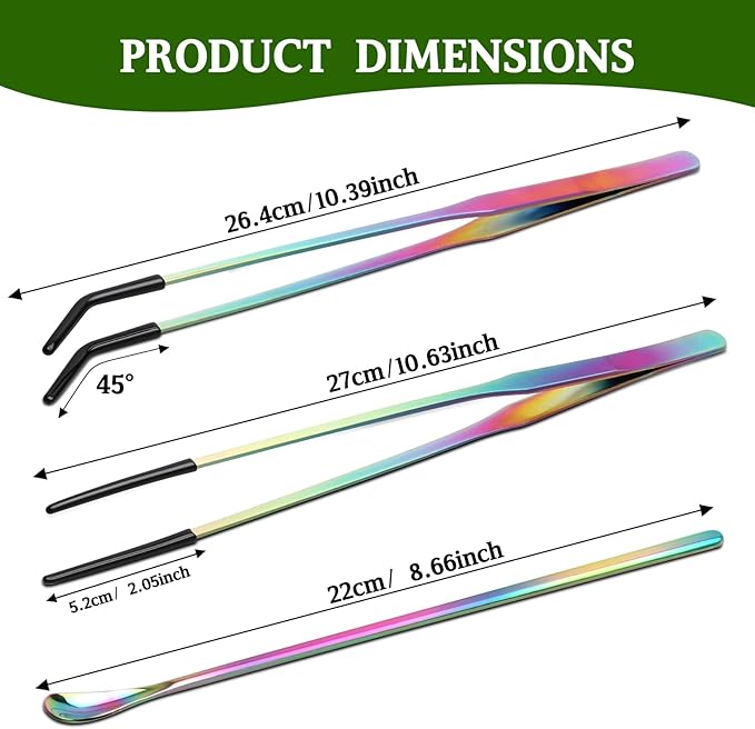 OLIISS Stainless Steel Reptile Feeding Tongs and Spoon Set - 10.6" Straight & Curved Tweezers for Aquariums & Crafts - Feeder Tools for Bearded Dragons & Lizards - Terrarium Tank Supplies
