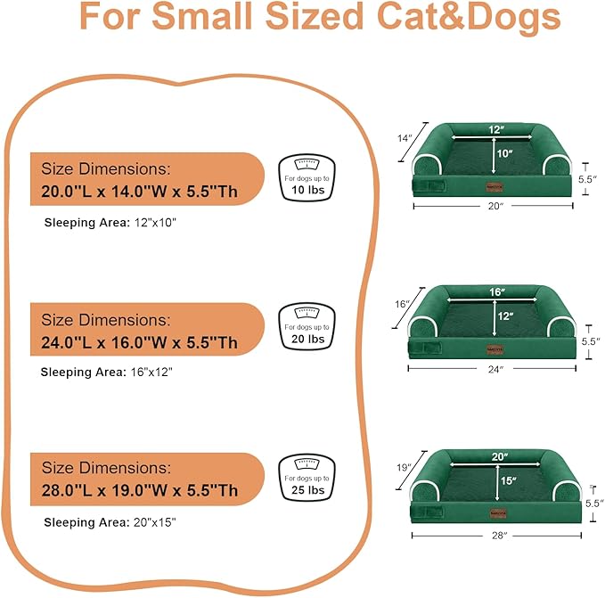 Small Dog Bed Orthopedic Washable: Beds Bolster Small Sized Dogs Bed Egg Crate Foam Couch Sofa Waterproof with Removable Cover - Emerald
