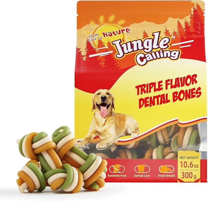 Jungle Calling Rawhide Free Dog Dental Treats, Triple Flavor Dental Chews for Dogs, Easy to Digest, Teeth Clean Dog Bones for Small Dogs, 10.6 oz