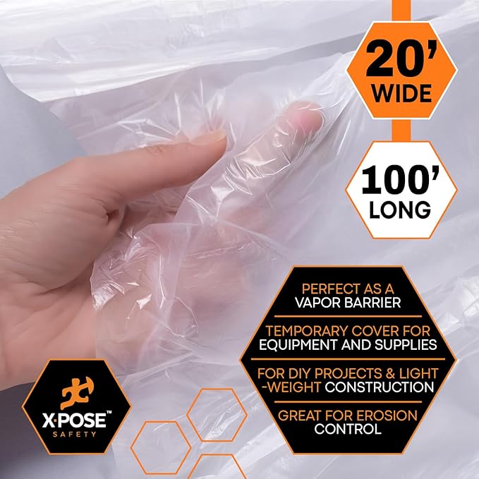 Xpose Safety Clear Plastic Sheeting 10 Pack – 20' x 100' Rolls – Heavy Duty 4 Mil Poly Sheet – Waterproof, Dustproof, Vapor Barrier – for Construction, Painting, Industrial Use