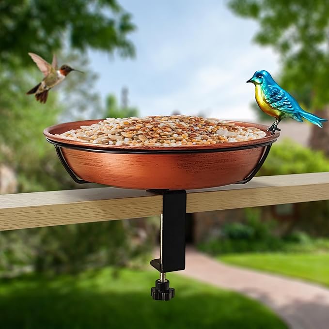 Deck Bird Bath for Outdoors, 11" Copper Metal Birdbath Bowl with Adjustable Big Steel Clamp Backyard Bird Bath&Bird Feeder for Railing Balcony Fence Yard Art Garden Decor