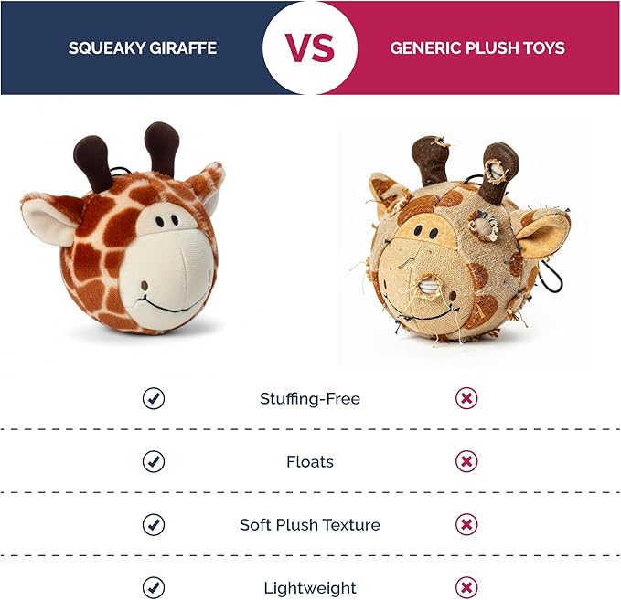 Pet Lou 4 Inch EZ Squeaky Giraffe Ball Dog Plush Toy, Stuffing-Free Soft Plush, Durable Bouncy Squeaker Ball, Floats in Water, Small & Medium Breed Chew Toys