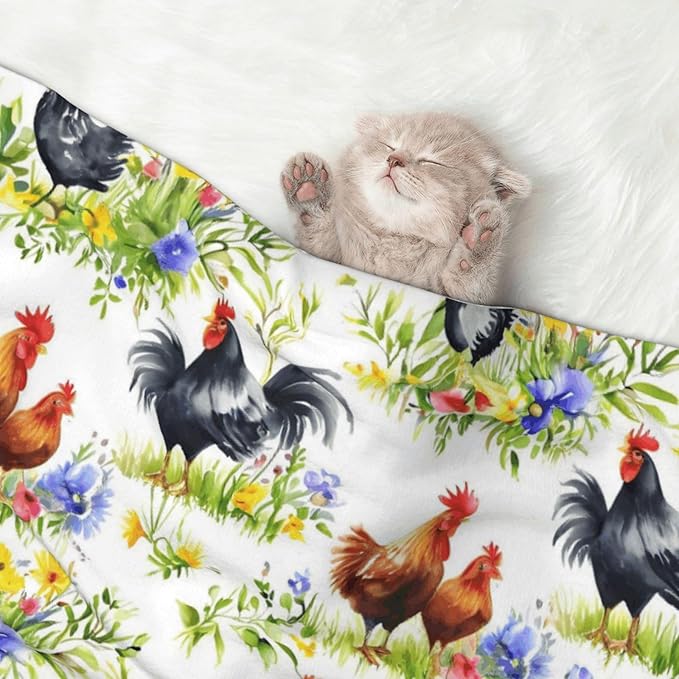 Pet Blanket for Travel and Home, Rooster Chicken Watercolor Flowers, Reversible Plush Dot Design with Soft Grip Texture on One Side Perfect for Car Seats Moving Vehicles