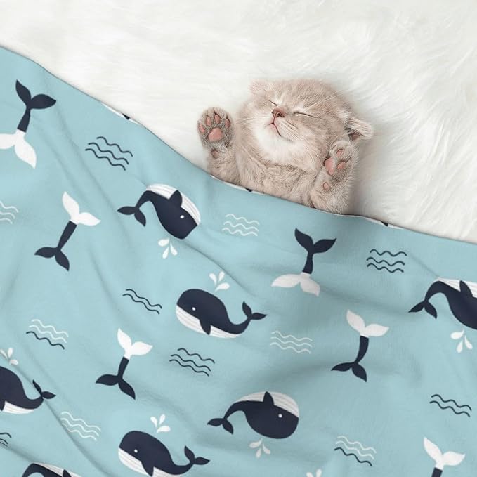 Double Sided Pet Mat for Dog Bed Topper Cat Blanket Furniture Protector, Whale in Ocean Pattern, Reversible Plush with Tactile Dot Pattern for Style Change