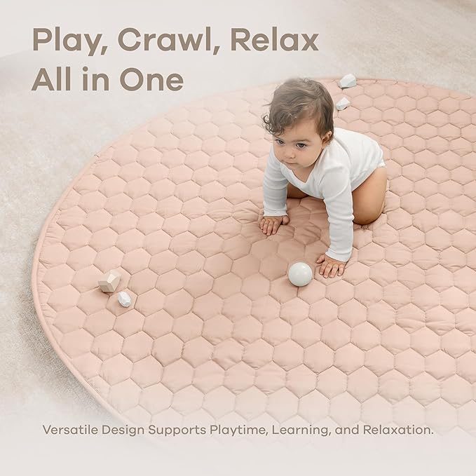 Comfy Cubs Round Kids Play Mat - Large 60 inches Soft Quilted Baby Floor Mat with Non-Slip Bottom - Plush Design for Toddlers' Playtime and Relaxation - Comfortable and Durable - Blush