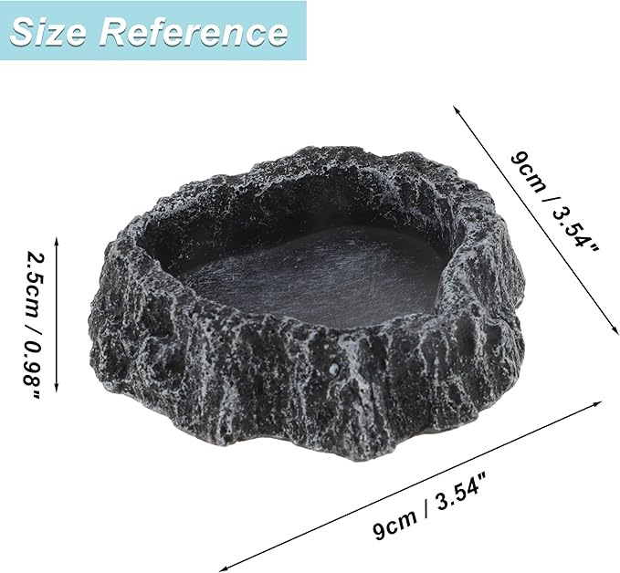 Reptile Food Dish, Resin Lizard Reptile Food Dish, Turtle Water Bowl, Terrarium Feeding Bowl Accessory for Lizard Tortoise Snakes Gecko, Black Gray, 3.54"x3.54"x0.98"