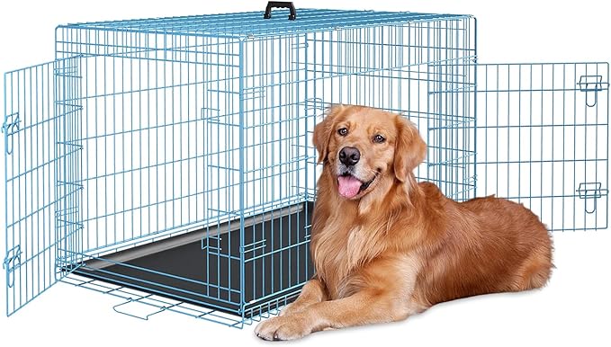 48 Inch Heavy Duty Dog Crate Double Door Folding Metal Dog Cage Dog Crates for Large Dogs Outdoor Indoor Includes Divider Panel and Leak-Proof Tray,Blue