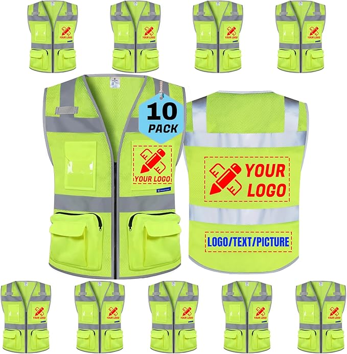 BeautyWill Custom Logo 10 Pack Safety Vest High Visibility Reflective Vest Customized Logo Utility Zipped Pockets Construction Workwear （Yellow,XL）