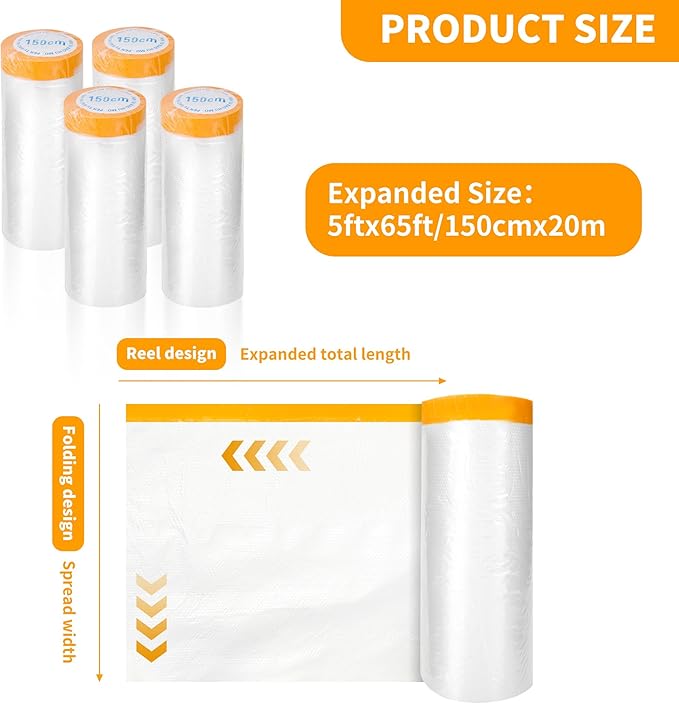 Pre-Taped Masking Film 4 Pack 59 in x 65 feet Rolls, Tape and Drape, Painters Plastic Drop Cloth for Automotive Painting Covering, House Decoration Furniture Floor Dustproof Cover