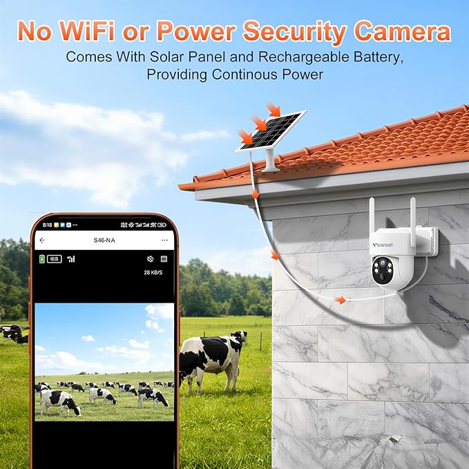 4G LTE Cellular Security Camera, Lifetime Free Unlimited Data, Built-in VSIM Card, 2K Color Night Vision, 360° Live View, AI PIR Motion Sensor Detection, Solar Powered Wireless Outdoor