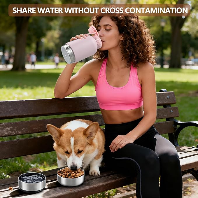 Insulated Dog Water Bottle with 2 Bowls, 32oz Travel Stainless Steel Double Wall Thermos, Portable Pet Dispenser, Gifts for Puppy Small Medium Dogs Walking Hiking and Camping