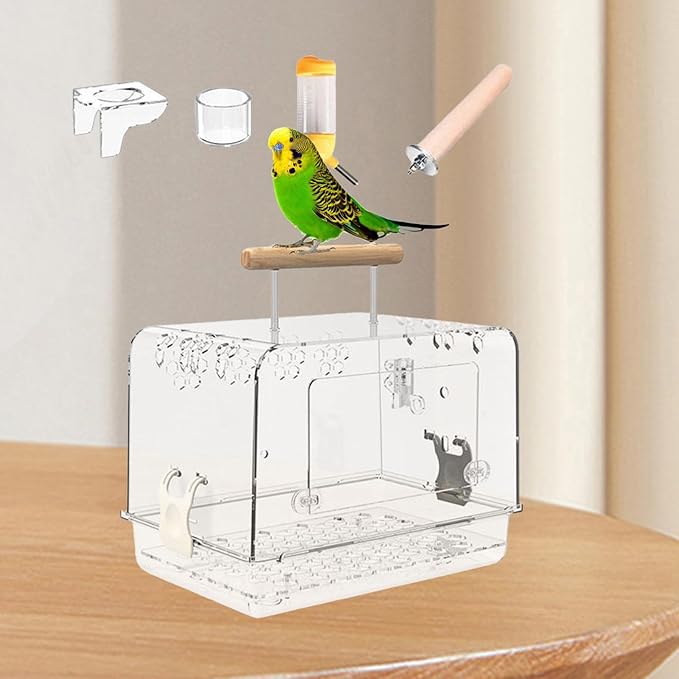 Hamster Cage Bird Travel Cage Portable Clear Accessories Acrylic Villa Bird Cage Lightweight Bird Carrier for Peony Parrot, Whole Set