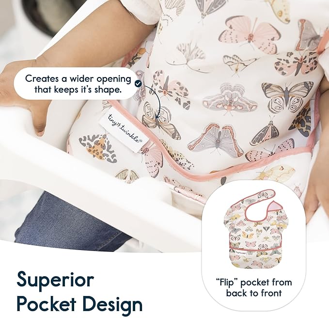 Tiny Twinkle Mess Proof Baby Bibs for Eating - Waterproof, Wipeable Bibs - Toddler Bibs - Travel Friendly - PFAS, PVC, BPA, Phthalate Free - Baby Food Bibs(3 Pack,Flutter)