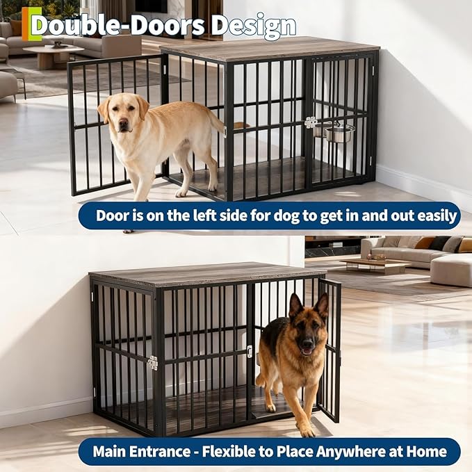 43 Inch Wooden Indoor Dog Crate Side Table, Furniture-Style Dog Kennel with Double Door Entry and Adjustable Built-in Food Bowls, Heavy-Duty Decorative Pet Cage for Medium and Large Dogs