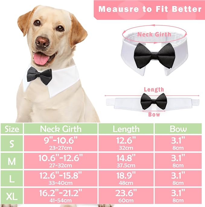 KOOLMOX 8PCS Adjustable Tux Dog Collar with Bow Tie, White Tuxedo for Large Dogs Wedding Attire