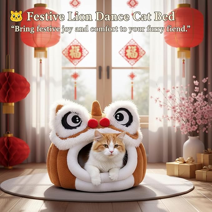 Cute Lion Head Pet Beds for Cats, Chinese Lion Dance Lion Cats Bed, Soft Cozy Plush Cat House & Dog Cave with Cushion for Small Medium Cats Dogs (Brown,L)