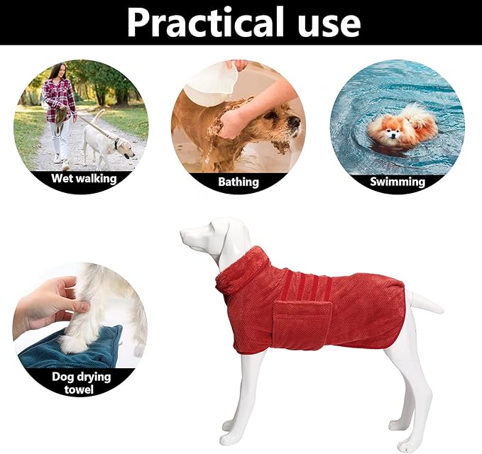 Geyecete Pineapple Grid Fast Drying Super Absorbent Dog Cat Bath Robe Towel - Red, XL