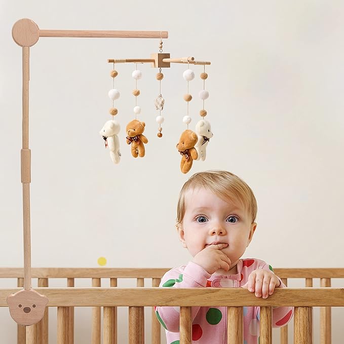 Wooden Crib Mobile Arm | Crib Mobile Holder | Nursery Mobile Hanger Cartoon Bear | Rotatable Height Adjustable Hanging Fits Wide or Thick Railings Baby Shower Gift Nursery Decoration