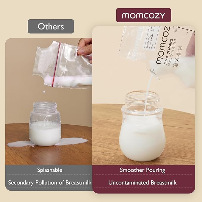 Momcozy Easy Pour Breastmilk Storage Bag, 8Oz, Temp-Sensing Color Change, 120 Count Milk Bag with Self Standing for Breastfeeding, No Leak Presterilized for Freezer, Recyclable & BPA Free