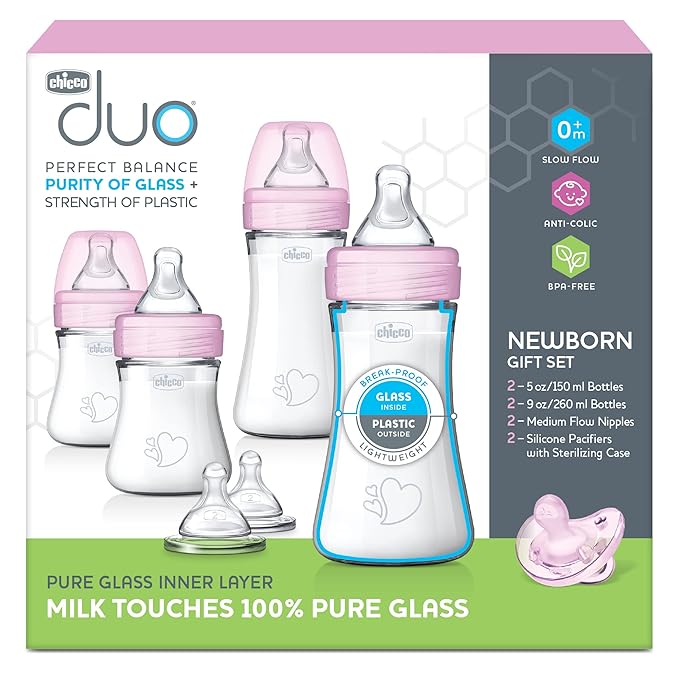 Chicco Duo Newborn Hybrid Baby Bottle Starter Gift Set with Invinci-Glass Inside and Plastic Outside | Dishwasher, Bottle Warmer, and Electric Sterilizer Safe | Intui-Latch Nipple | Clear/Pink
