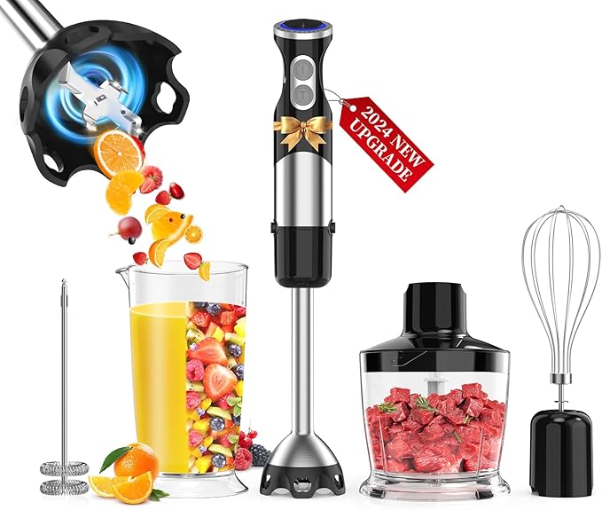 Immersion Blender Handheld 5 in 1-1100W Scratch Resistant Blender Stick, 12 Speed and Turbo Boost Hand Blender with Chopper Beaker Whisk and Milk Frother for Milkshake Puree Smoothie Food