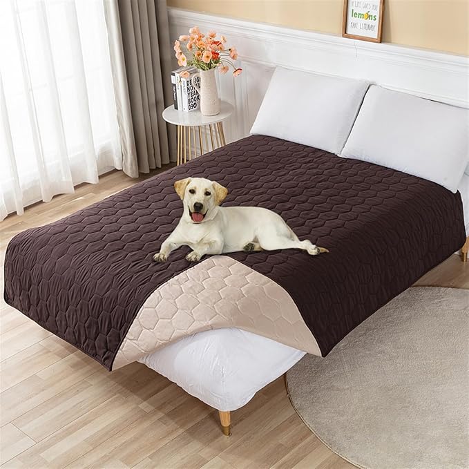 GIBZ Waterproof Dog Bed Cover Anti Slip Pet Furniture Protector Washable Blanket Large Soft Quilted Mat, Coffee, 100x127cm