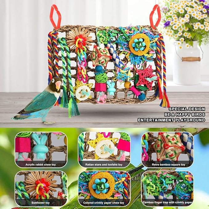 Foraging Toys for Parakeets Cockatiel Conures Lovebirds - Seagrass Wall with Various Bird Toys