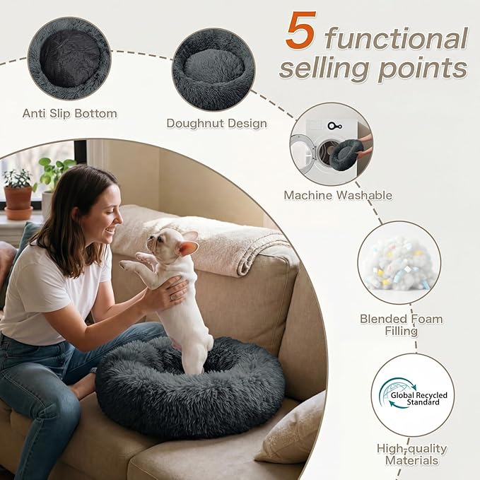 Calming Dog Bed, 20" x 20" x 6" Fits Cat & Dog, Anti-Slip Round Washable Faux Fur for Doze Off, Napping Orthopedic, Dark Grey