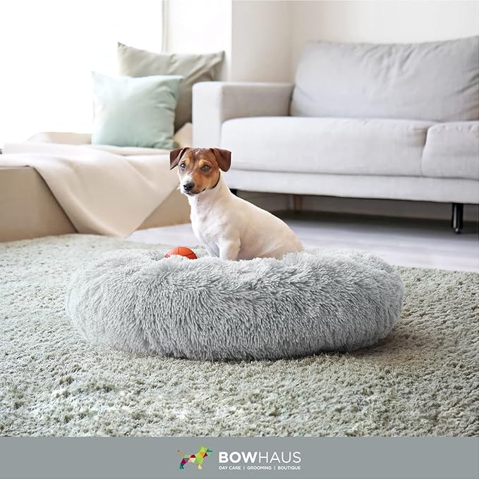 24/30 Inch Calming Donut Pet Bed for Small/Medium Cats and Dogs, Anti-Slip Bottom, Washable, Anti-Anxiety Fluffy Round Cat Bed, Indoor Shaggy Cuddler Cotton Candy Brown, Light Gray, Pink Bed
