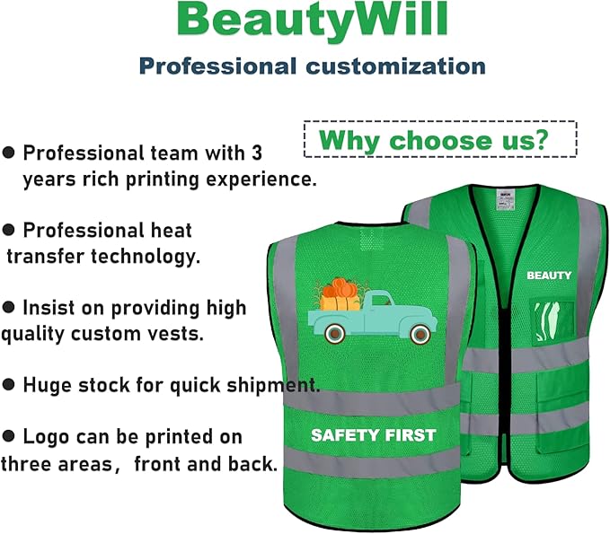 BeautyWill Mesh Safety Vest Custom Logo Class2 High Visibility Reflective Vest with 5 Pockets Construction Security Work Vest ANSI/ISEA Standards（Green，3XL ）