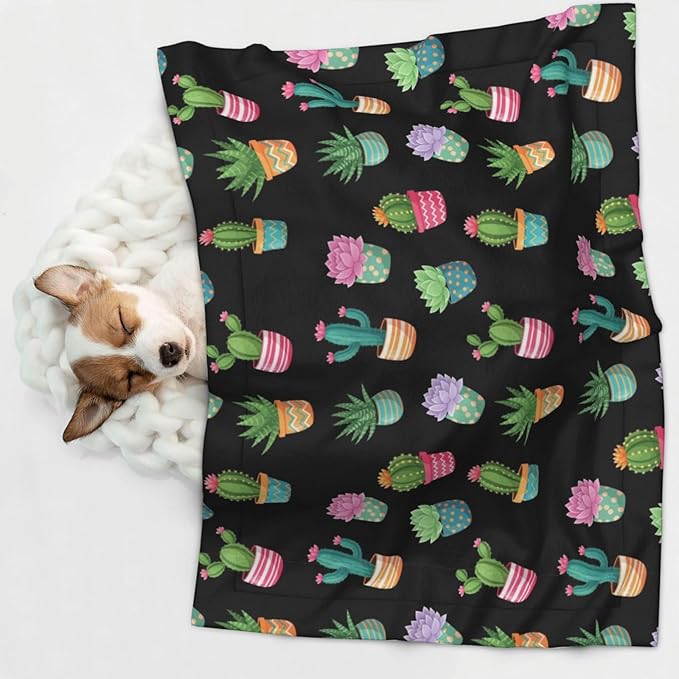 Two Sided Pet Cuddler Blanket for Anxiety Calming, Succulent Cactus Potted Plants, Reversible Plush Design with Bubble Dot Pattern Provides Familiar Surface Anywhere